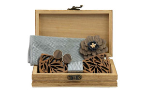 WOODEN Silver Fishbone bow tie set